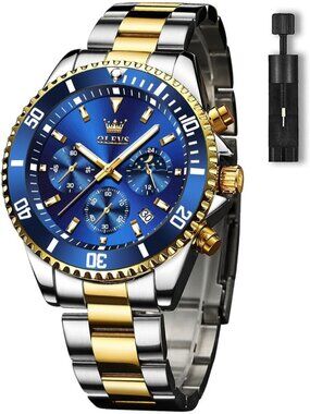 Men's Blue Premium Gold and Silver Stainless Analog Rotatable Bezel Steel Watch